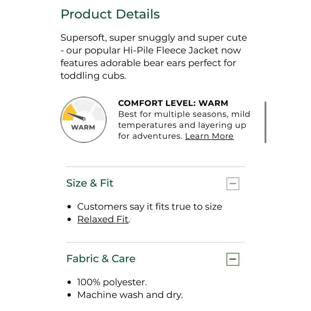L.L. Bean Infants' and Toddlers' Hi-Pile Fleece Jacket Natural 12-18 Months